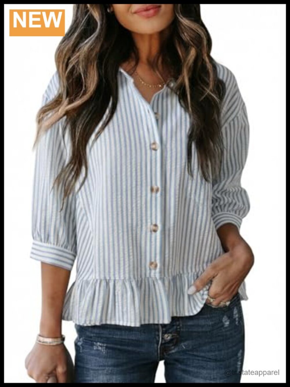 3/4 Sleeve Button Down Crop Peplum Babydoll Top Striped Blouse